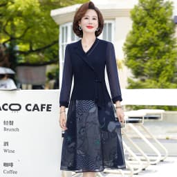 Elegant Dresses For Women Suit Navy Print Dress autumn Fake Two-piece Notched Neck A-line Chiffon Dress