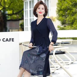 Elegant Dresses For Women Suit Navy Print Dress autumn Fake Two-piece Notched Neck A-line Chiffon Dress