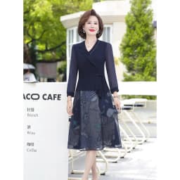 Elegant Dresses For Women Suit Navy Print Dress autumn Fake Two-piece Notched Neck A-line Chiffon Dress