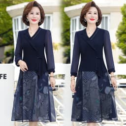 Elegant Dresses For Women Suit Navy Print Dress autumn Fake Two-piece Notched Neck A-line Chiffon Dress