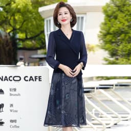 Elegant Dresses For Women Suit Navy Print Dress autumn Fake Two-piece Notched Neck A-line Chiffon Dress