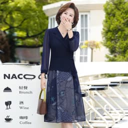 Elegant Dresses For Women Suit Navy Print Dress autumn Fake Two-piece Notched Neck A-line Chiffon Dress