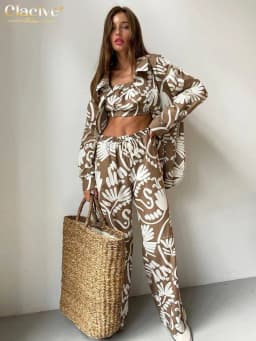 Clacive Fashion Loose Print 3 Piece Set Women Outfit Elegant Long Sleeve Blouse + Sleeveless Tube Top With High Waist Pants Set