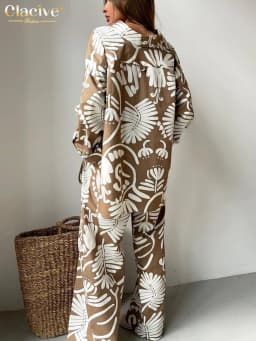 Clacive Fashion Loose Print 3 Piece Set Women Outfit Elegant Long Sleeve Blouse + Sleeveless Tube Top With High Waist Pants Set