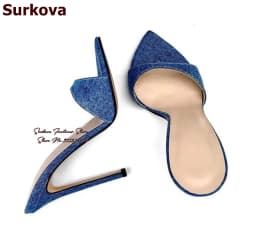 Surkova Blue Denim Sky High Heel Modern Slippers Short Pointed Toe Slip-on Dress Sandals Women Sexy Shallow Party Shoes