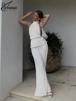 Oymimi Sexy White Pleated 2 Piece Sets Women Outfit 2023 Fashion Sleeveless Backless Tank Top With High Waist Wide Pants Set