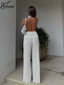Oymimi Sexy White Pleated 2 Piece Sets Women Outfit 2023 Fashion Sleeveless Backless Tank Top With High Waist Wide Pants Set