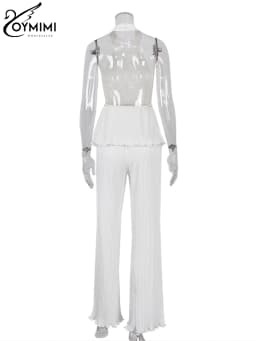 Oymimi Sexy White Pleated 2 Piece Sets Women Outfit 2023 Fashion Sleeveless Backless Tank Top With High Waist Wide Pants Set