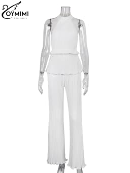Oymimi Sexy White Pleated 2 Piece Sets Women Outfit 2023 Fashion Sleeveless Backless Tank Top With High Waist Wide Pants Set