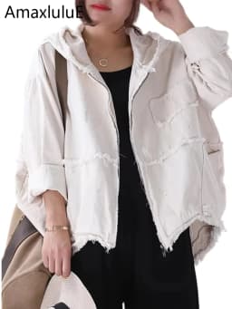 Amax luluE Korean Womens Loose Outerwear Fashion Coats Ladies Hooded Clothes Vintage Spring Jackets Oversized Denim Streetwear
