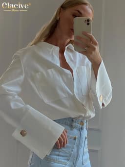 Clacive Fashion Woman Blouses 2022 Elegant Lapel Long Sleeve Office Lady Shirts Casual Loose White Pockets Tops Female Clothing