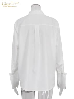 Clacive Fashion Woman Blouses 2022 Elegant Lapel Long Sleeve Office Lady Shirts Casual Loose White Pockets Tops Female Clothing