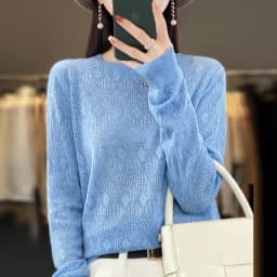New Women Wool Blend Sweater Spring O-neck Geometric Hollow Pullover Fashion Soft Sweater Loose Casual Knit Base Tops