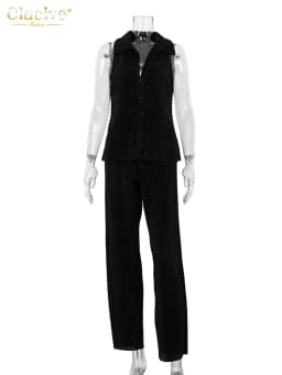 Clacive Bodycon Black Pleated 2 Piece Sets Women Outfit 2023 Summer Sleeveless Tank Top With High Waist Wide Pants Set Female