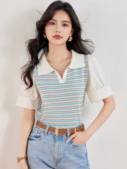 Summer New Thin Striped Knit Shirt Tops Short Sleeve Lapel Loose Short Pullovers Fashion Women Casual Top Clothing