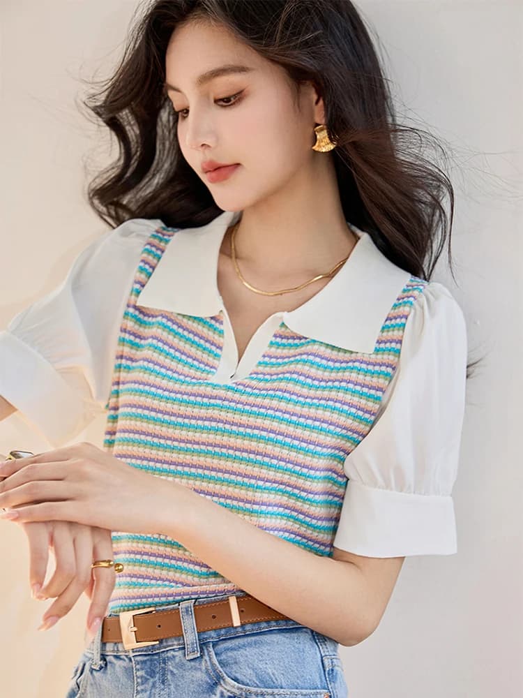 Summer New Thin Striped Knit Shirt Tops Short Sleeve Lapel Loose Short Pullovers Fashion Women Casual Top Clothing