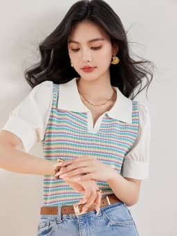 Summer New Thin Striped Knit Shirt Tops Short Sleeve Lapel Loose Short Pullovers Fashion Women Casual Top Clothing