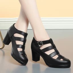 Breathable Cutout Close Head Platform Shoes Soft Leather 2024 Summer Block Med Heels Gladiator Sandals for Office Mom