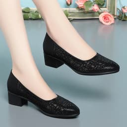 2024 New Summer Fashion Pumps Cut-outs Rhinestones Shoes Women Crystal Casual Round Head Thick Heel Soft Leather Sandals