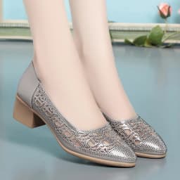 2024 New Summer Fashion Pumps Cut-outs Rhinestones Shoes Women Crystal Casual Round Head Thick Heel Soft Leather Sandals