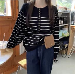 French crew-neck sweater Women's half-open neck breasted horizontal striped long sleeve pullover cashmere sweater loose knit top