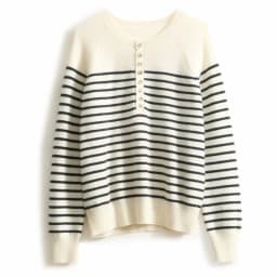 French crew-neck sweater Women's half-open neck breasted horizontal striped long sleeve pullover cashmere sweater loose knit top