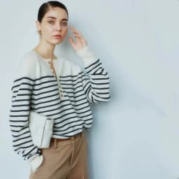 French crew-neck sweater Women's half-open neck breasted horizontal striped long sleeve pullover cashmere sweater loose knit top