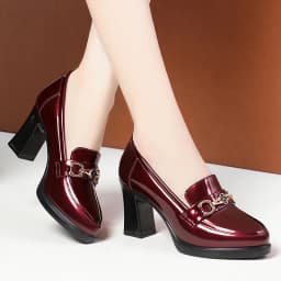 Spring New High Heels Dress Shoes Pointed Toe Woman Pumps Black Medium Heel Patent Slip on Square Heel Leather Shoes