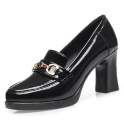 Spring New High Heels Dress Shoes Pointed Toe Woman Pumps Black Medium Heel Patent Slip on Square Heel Leather Shoes