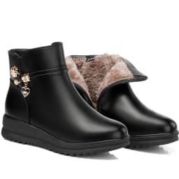 Women's Rhinestone Leather Boots Autumn Winter Warm Cotton Shoes Low Heel Round Head Side Zip Footwear Mother's Cotton Shoes