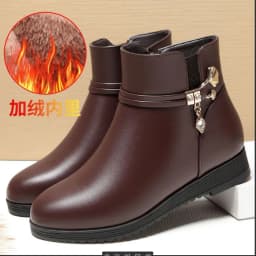Women's Rhinestone Leather Boots Autumn Winter Warm Cotton Shoes Low Heel Round Head Side Zip Footwear Mother's Cotton Shoes
