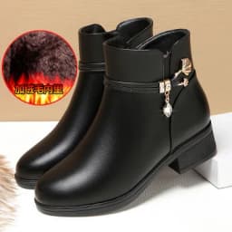 Women's Rhinestone Leather Boots Autumn Winter Warm Cotton Shoes Low Heel Round Head Side Zip Footwear Mother's Cotton Shoes