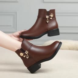 Women's Rhinestone Leather Boots Autumn Winter Warm Cotton Shoes Low Heel Round Head Side Zip Footwear Mother's Cotton Shoes