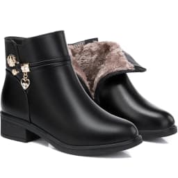 Women's Rhinestone Leather Boots Autumn Winter Warm Cotton Shoes Low Heel Round Head Side Zip Footwear Mother's Cotton Shoes