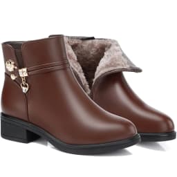 Women's Rhinestone Leather Boots Autumn Winter Warm Cotton Shoes Low Heel Round Head Side Zip Footwear Mother's Cotton Shoes
