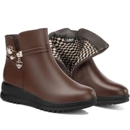 Women's Rhinestone Leather Boots Autumn Winter Warm Cotton Shoes Low Heel Round Head Side Zip Footwear Mother's Cotton Shoes