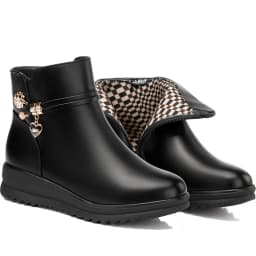 Women's Rhinestone Leather Boots Autumn Winter Warm Cotton Shoes Low Heel Round Head Side Zip Footwear Mother's Cotton Shoes