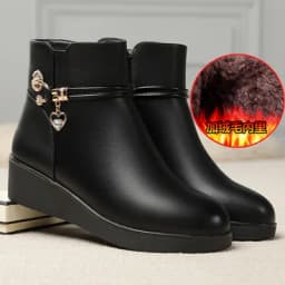 Women's Rhinestone Leather Boots Autumn Winter Warm Cotton Shoes Low Heel Round Head Side Zip Footwear Mother's Cotton Shoes