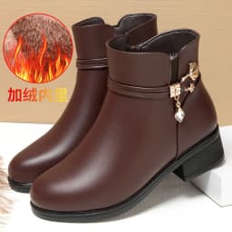 Women's Rhinestone Leather Boots Autumn Winter Warm Cotton Shoes Low Heel Round Head Side Zip Footwear Mother's Cotton Shoes