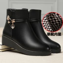 Women's Rhinestone Leather Boots Autumn Winter Warm Cotton Shoes Low Heel Round Head Side Zip Footwear Mother's Cotton Shoes