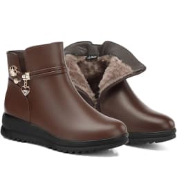 Women's Rhinestone Leather Boots Autumn Winter Warm Cotton Shoes Low Heel Round Head Side Zip Footwear Mother's Cotton Shoes
