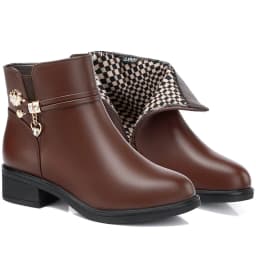 Women's Rhinestone Leather Boots Autumn Winter Warm Cotton Shoes Low Heel Round Head Side Zip Footwear Mother's Cotton Shoes