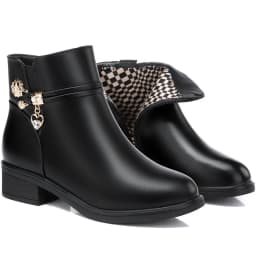 Women's Rhinestone Leather Boots Autumn Winter Warm Cotton Shoes Low Heel Round Head Side Zip Footwear Mother's Cotton Shoes