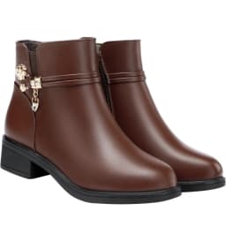 Women's Rhinestone Leather Boots Autumn Winter Warm Cotton Shoes Low Heel Round Head Side Zip Footwear Mother's Cotton Shoes