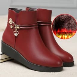 Women's Rhinestone Leather Boots Autumn Winter Warm Cotton Shoes Low Heel Round Head Side Zip Footwear Mother's Cotton Shoes