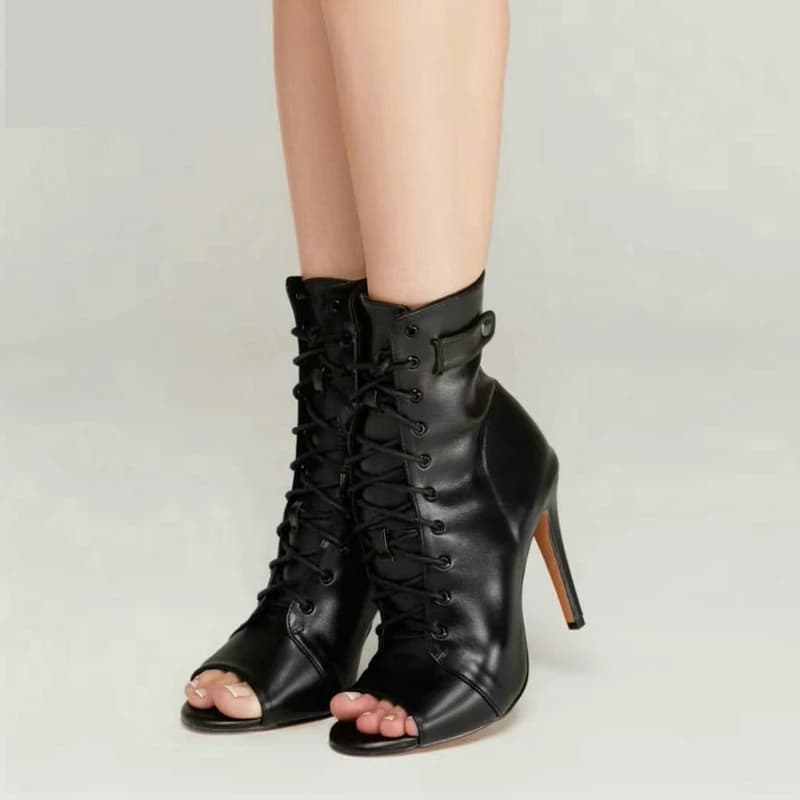 Women's Black Peep-Toe High Heel Stilettos Size 46 New Fashion Brand Party Boots for Ballroom Latin Jazz Dance Sexy Party Shoes
