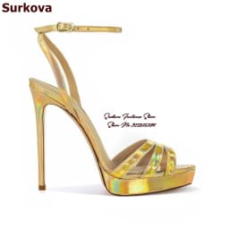 Surkova Hologram Iridescent Gold Patent Leather Strappy Sandals Stiletto Heels Buckle Dress Pumps Platform Evening Party Shoes