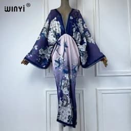 WINYI Bohemian Summer Beach Dress High Quality Double Sided Boho Printing Elegant Silk Maxi Dress Women Evening Party Kaftan