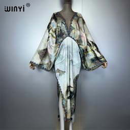 WINYI Bohemian Summer Beach Dress High Quality Double Sided Boho Printing Elegant Silk Maxi Dress Women Evening Party Kaftan