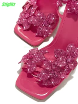 Flower Rhinestone Women Sandals Pink Square Toe Party Thin High Heel Strappy Summer Women Shoes New Arrival Buckle Strap 2024